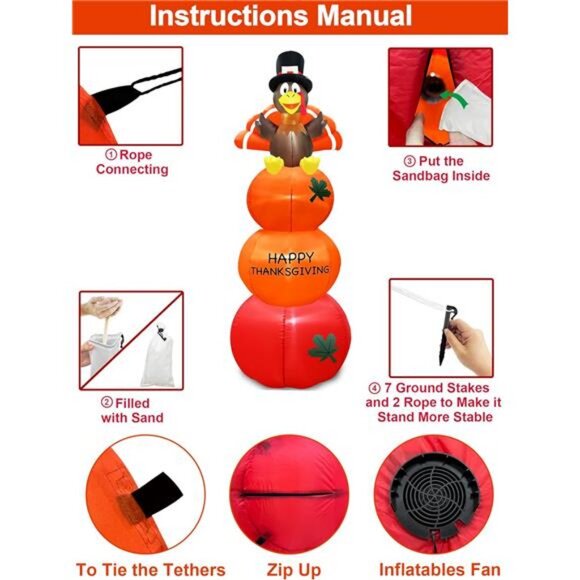 8 Foot Tall Thanksgiving Inflatables Turkey Outdoor Decorations Blow Up - Picture 6 of 7